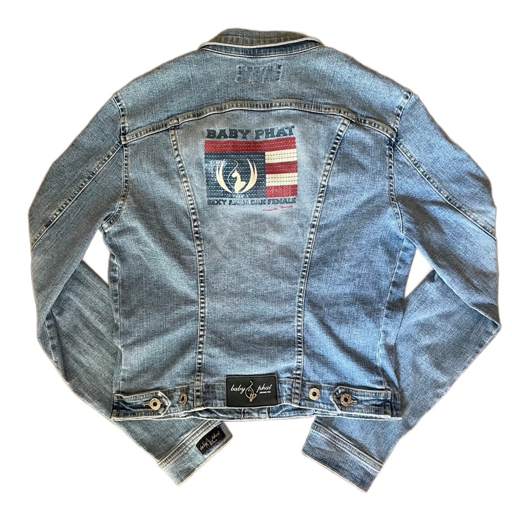 90s Vintage Baby Phat “Sexy American Female” Flag Embellished Denim Jacket XL